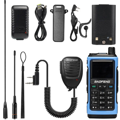 Collection of Baofeng radio accessories including antenna, charger, earpiece, and control panel on a white background.