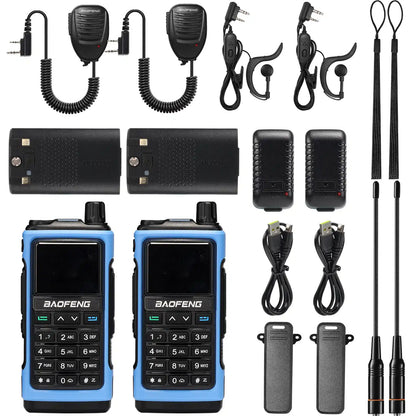 Set of Baofeng walkie-talkies with accessories on a white background