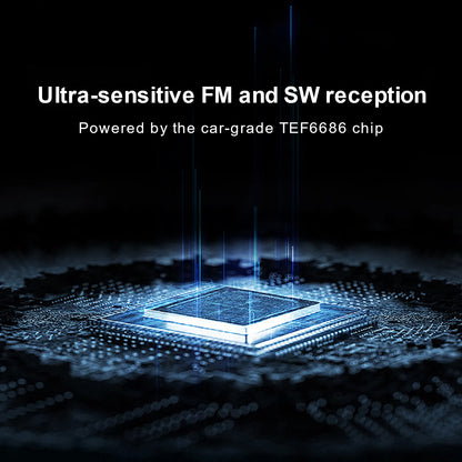Digital chip with text about ultra-sensitive FM and SW reception and car-grade TEF6686 chip on a dark background.