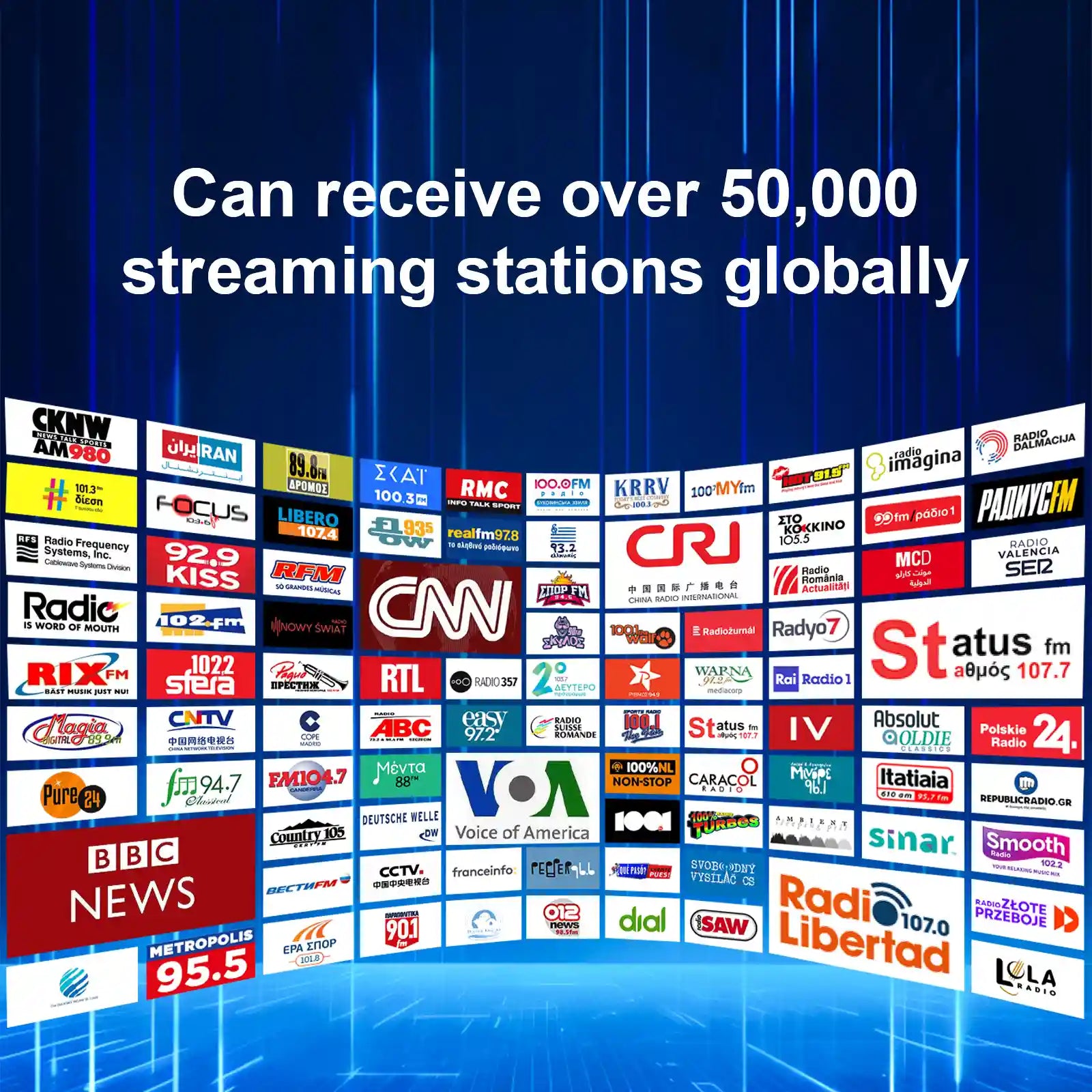Collage of various streaming station logos with text on a blue background