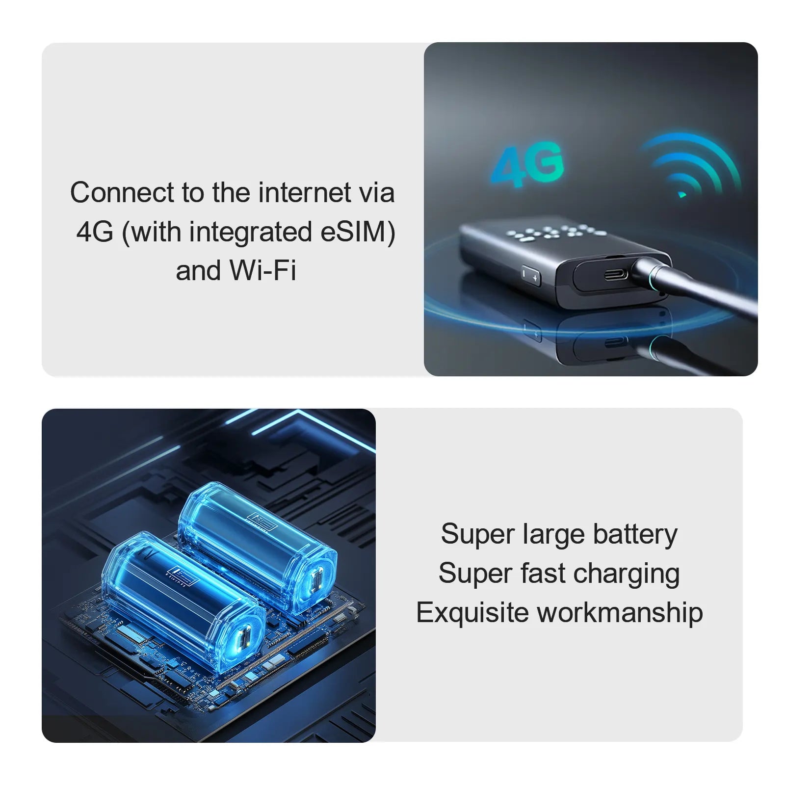 Product with 4G connectivity and large battery features on a white background