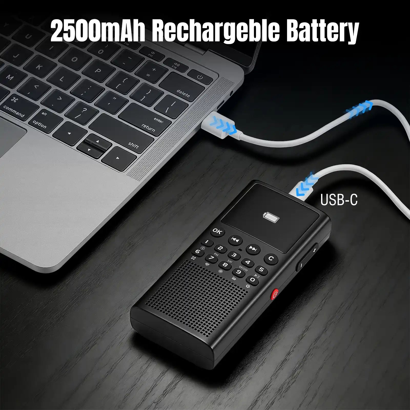 Small electronic device with USB-C connection on a desk next to a laptop, highlighting 2500mAh rechargeable battery.