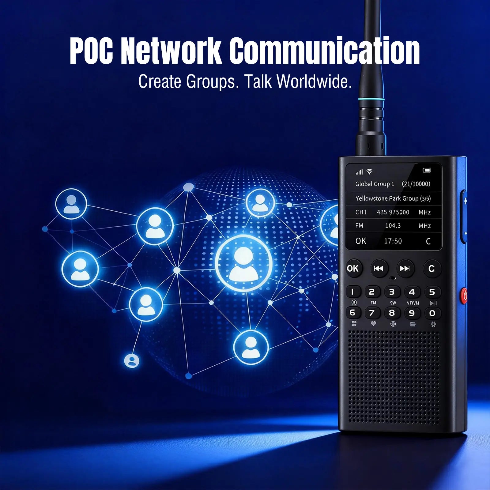 POC network communication device with digital display and keypad on a dark blue background.