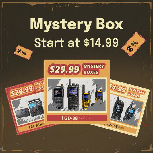 Advertisement for mystery boxes with radios, starting at $14.99.