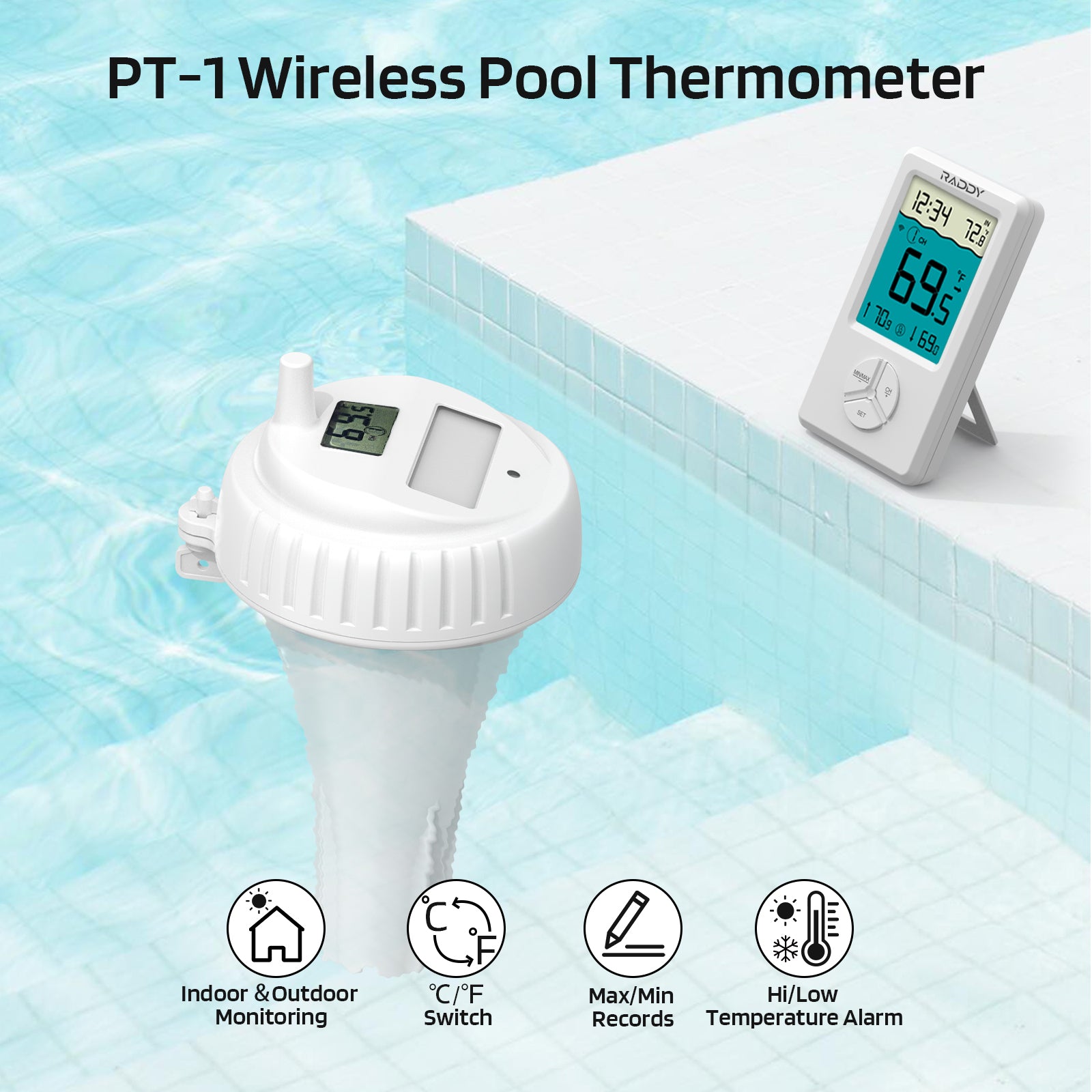 Raddy PT-1 Wireless Water Thermometer | Digital Screen | IPX7 Waterproof | for Pools Hot Tubs Pond Bath - Radioddity