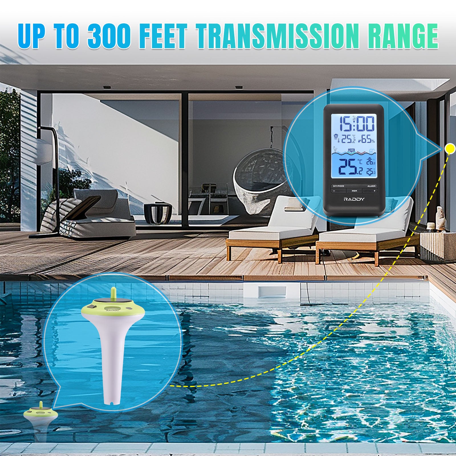 PT-5 Wi-Fi Pool Thermometer with transmission range feature displayed in a modern outdoor setting.