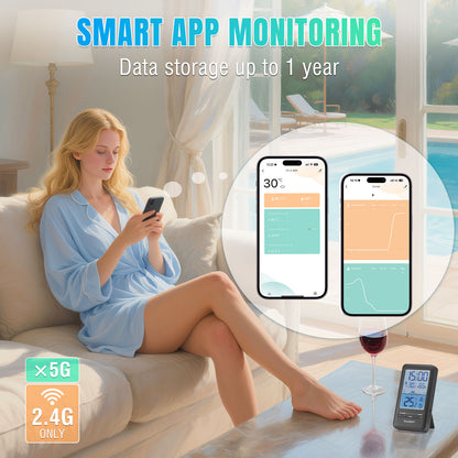 Woman sitting on a couch using a smartphone with smart app monitoring features displayed.