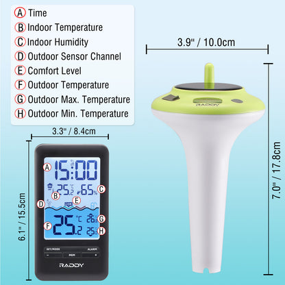 Temperature and humidity monitor with digital display and solar panel, showing measurements and dimensions.