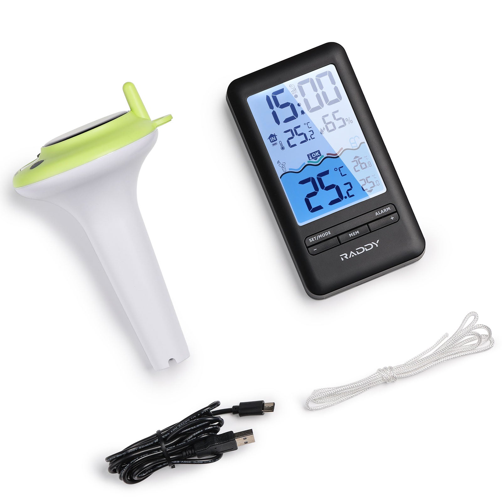 PT-5 Wi-Fi Pool Thermometer  with USB cable on a white background