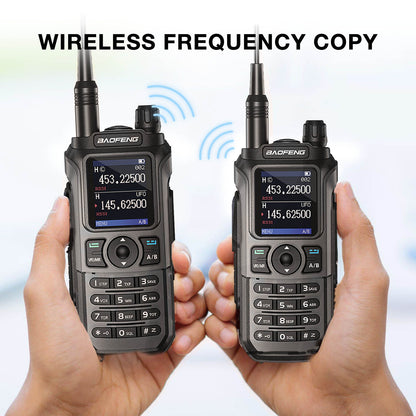 Two UV-21R radios with digital displays held in hands against a light background
