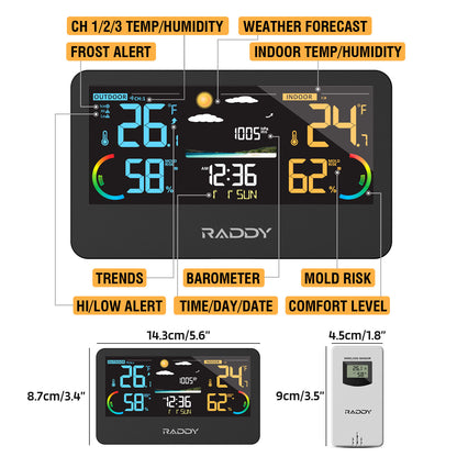 Raddy WF-55C Pro Weather Station | Wireless Thermometer Hygrometer | Barometer | Weather Forecast | Mold Risk Alert - Radioddity