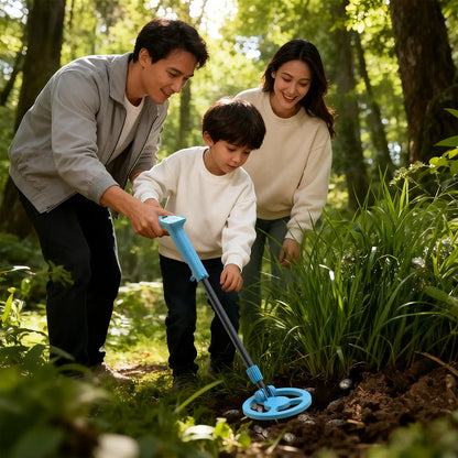 Family of three, including a child, using a Raddy MD65K Kid Metal Detector in a forest setting.
