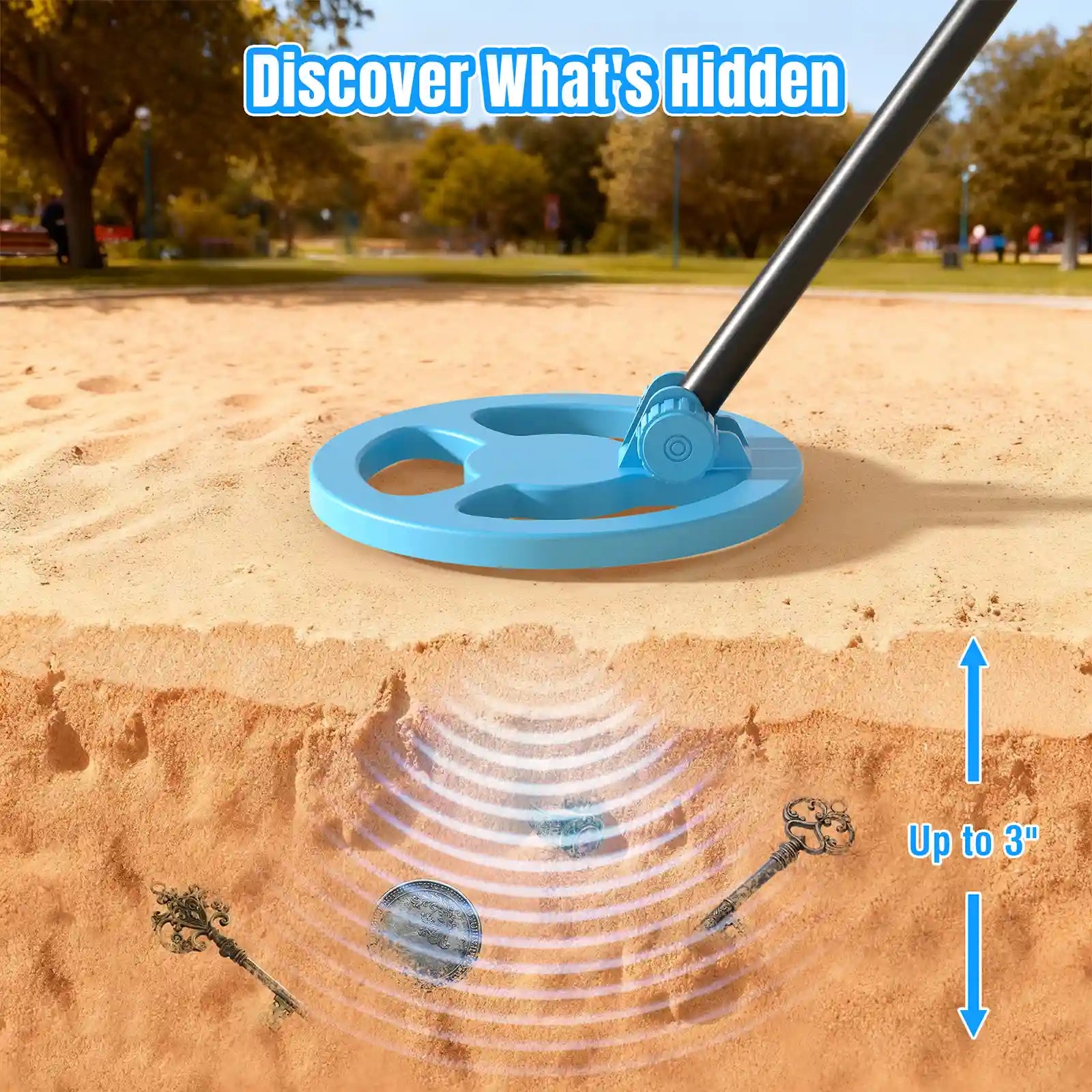 Raddy MD65K Kid Metal Detector on sandy ground with illustration of detecting objects up to 3 inches deep.