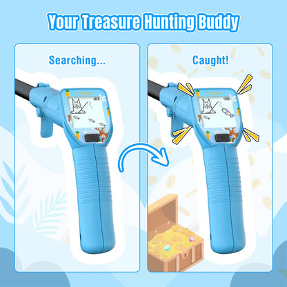 Blue Raddy MD65K Kid Metal Detector with screen showing treasure hunting theme on a blue background