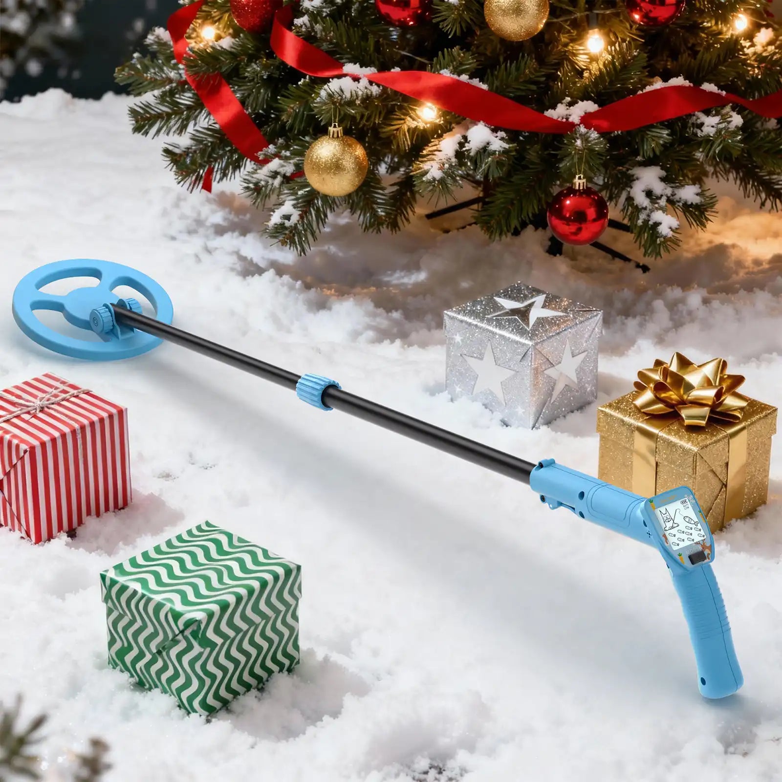 Blue Raddy MD65K Kid Metal Detector on snow with Christmas tree and presents in the background