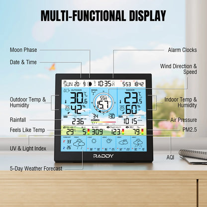 Raddy WF-120P Professional Wi-Fi Weather Station | App Control | 10″ HTN Color Display |  Indoor/Outdoor Temp & Humidity | UV & Light Index | PM2.5 AQI | 5-Day Forecast | 7-in-1 Outdoor Sensor for Farm - Radioddity