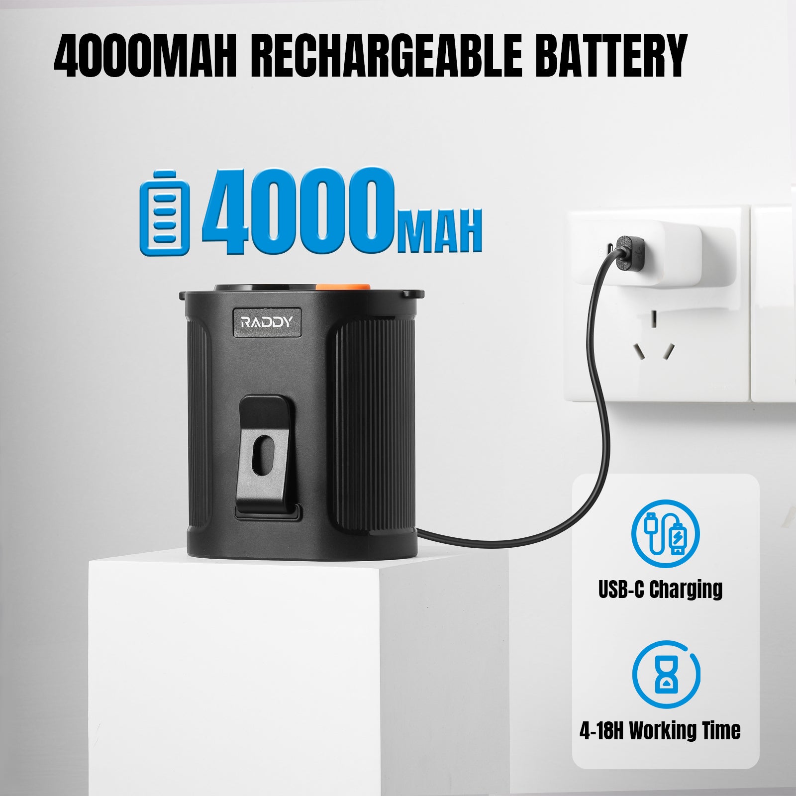 4000mAh rechargeable battery with charging cable and socket on a gray background