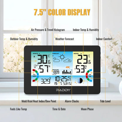 Raddy HW75 Weather Station | 7.5" Large Color Display | Wireless Indoor Outdoor | Temp & Humidity Monitor | Barometric Pressure | Atomic Clock | Heat Index & Dew Point