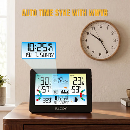 Raddy HW75 Weather Station | 7.5" Large Color Display | Wireless Indoor Outdoor | Temp & Humidity Monitor | Barometric Pressure | Atomic Clock | Heat Index & Dew Point