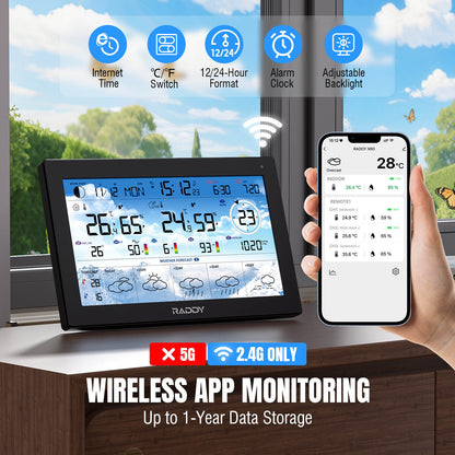 Raddy N90 Wi-Fi weather station with smartphone app on a window background