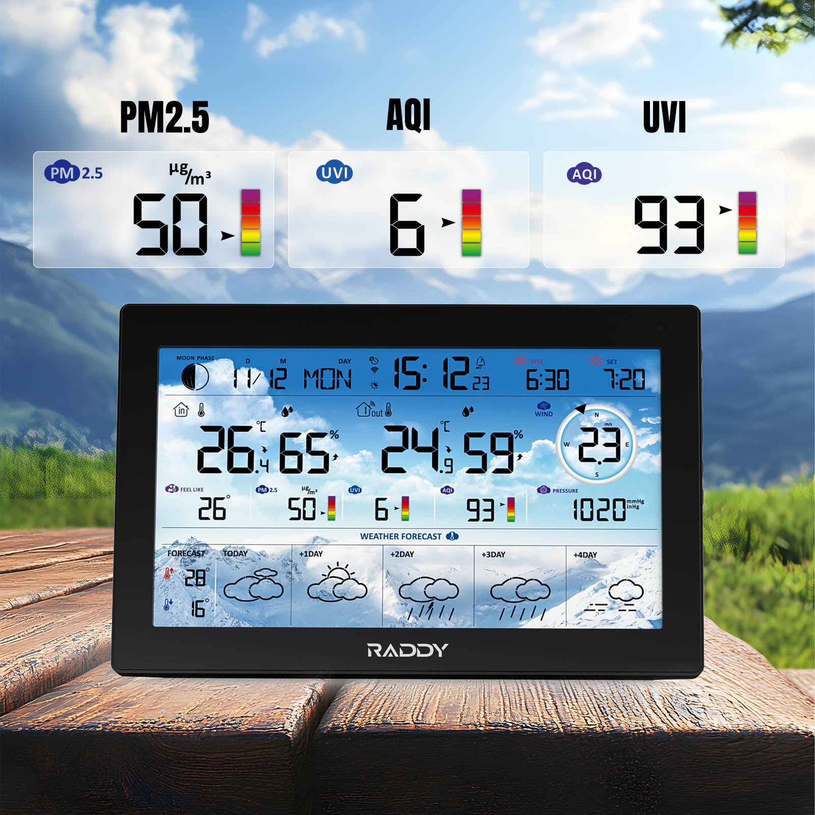 Raddy N90 Wi-Fi Weather Station display with air quality indicators on a wooden surface with a scenic background