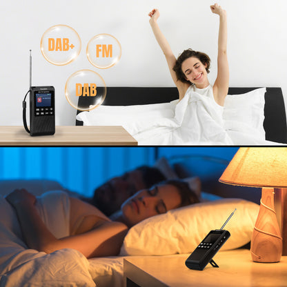 Raddy RD939  radio receiver with DAB+ and FM indicators, used by a person waking up and a couple lying in bed.