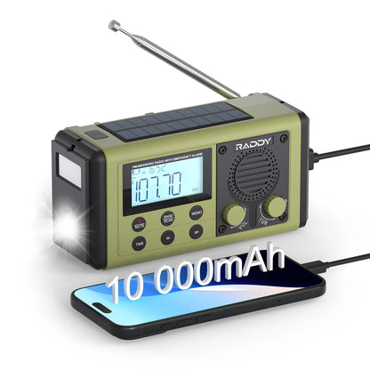 Green Raddy SH-908 with solar panel and phone charging cable on a white background
