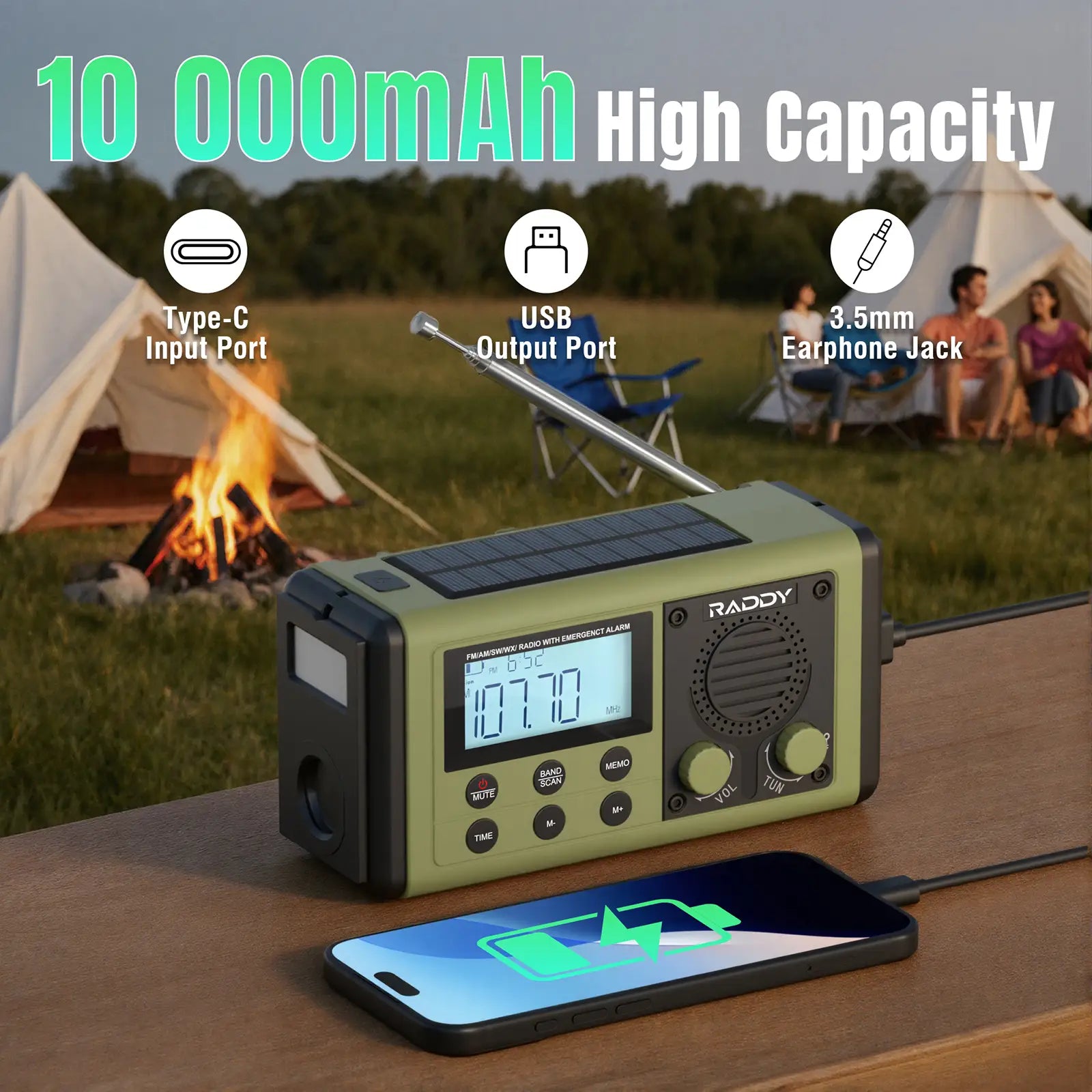 Raddy SH-908 with solar panel and phone charging cable, camping scene in background