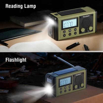 Raddy SH-908 with reading lamp and flashlight features on a table.