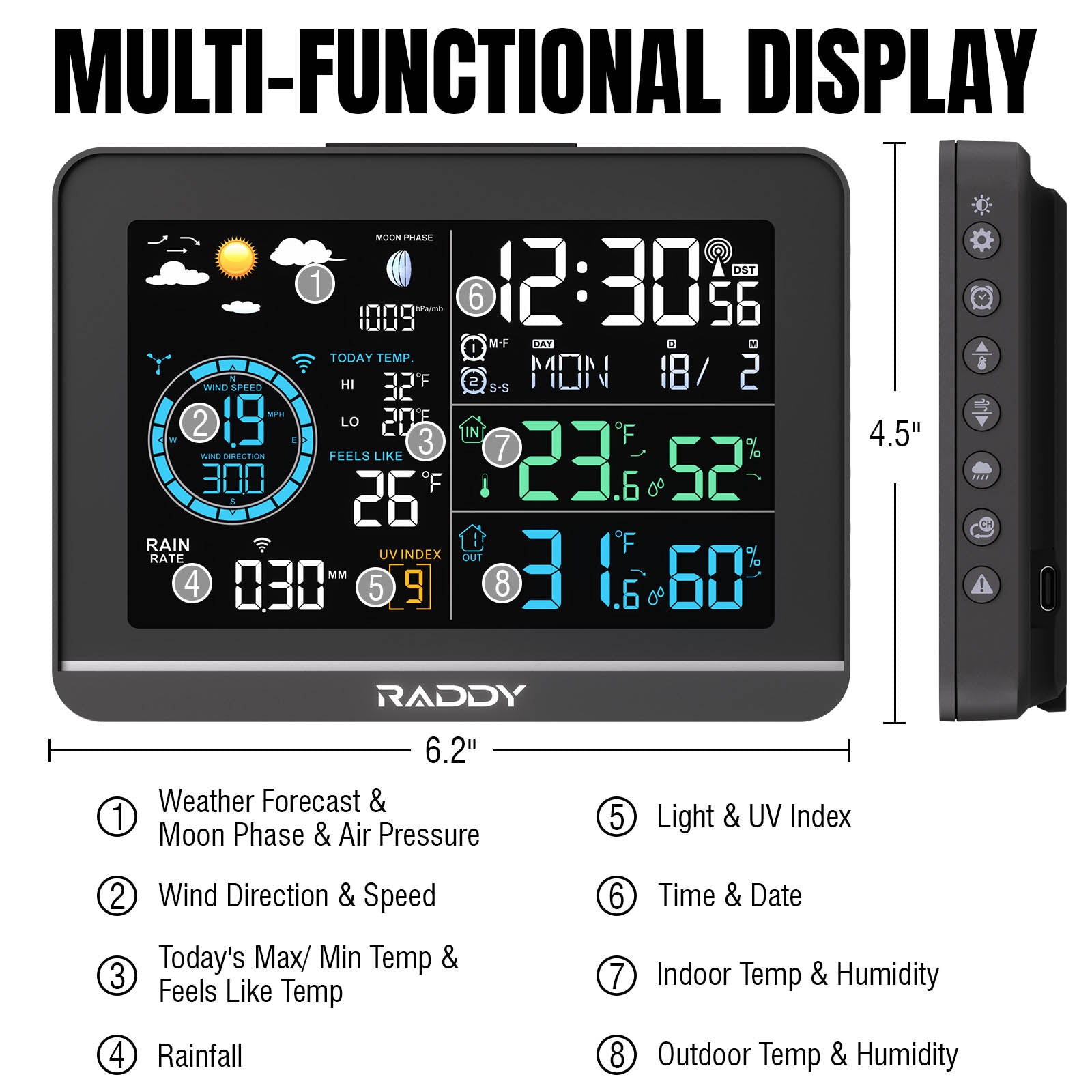 Raddy UV6 Professional Weather Station Multifunctional weather display with digital clock and weather information on a white background