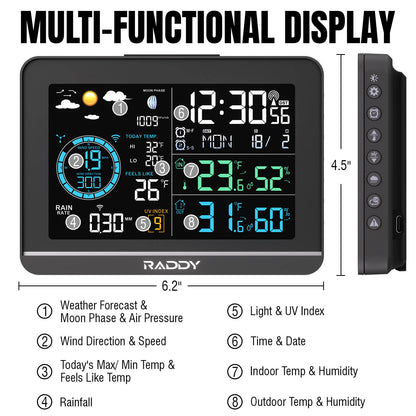 Raddy UV6 Professional Weather Station Multifunctional weather display with digital clock and weather information on a white background