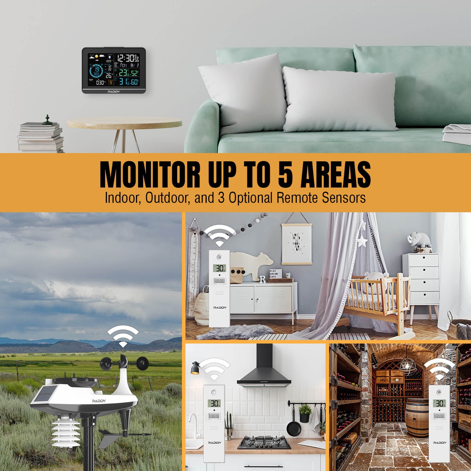 Collage of home monitoring system in various settings with text overlay.