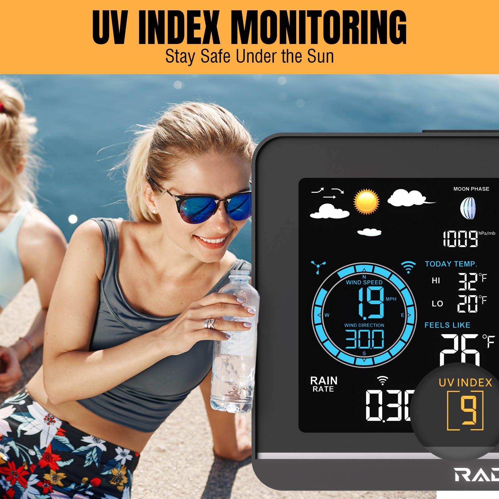 Woman with sunglasses and water bottle next to a Raddy UV6 Professional Weather Station  displaying UV index information.