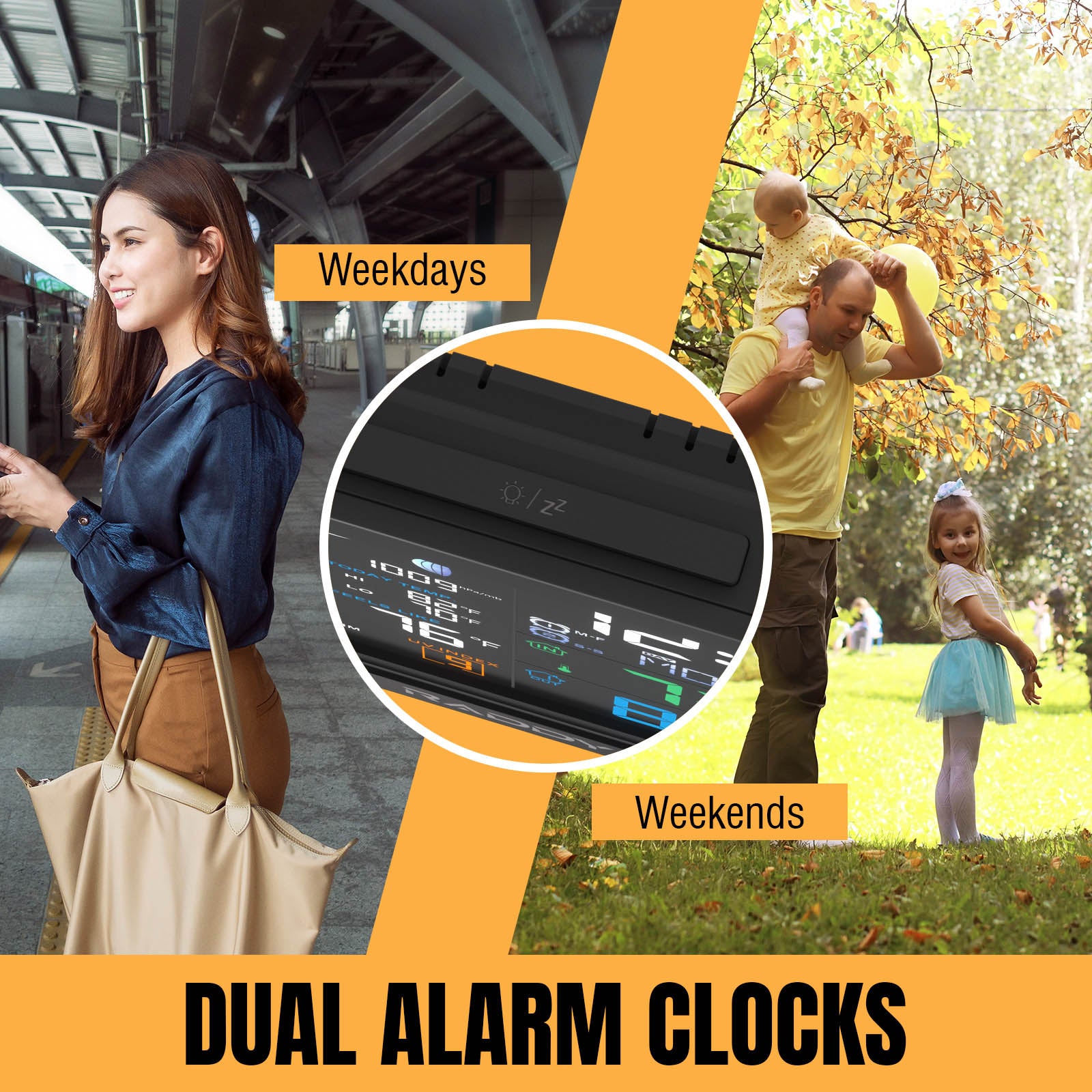 Dual alarm clock with lifestyle images of a woman, family, and close-up of the clock.