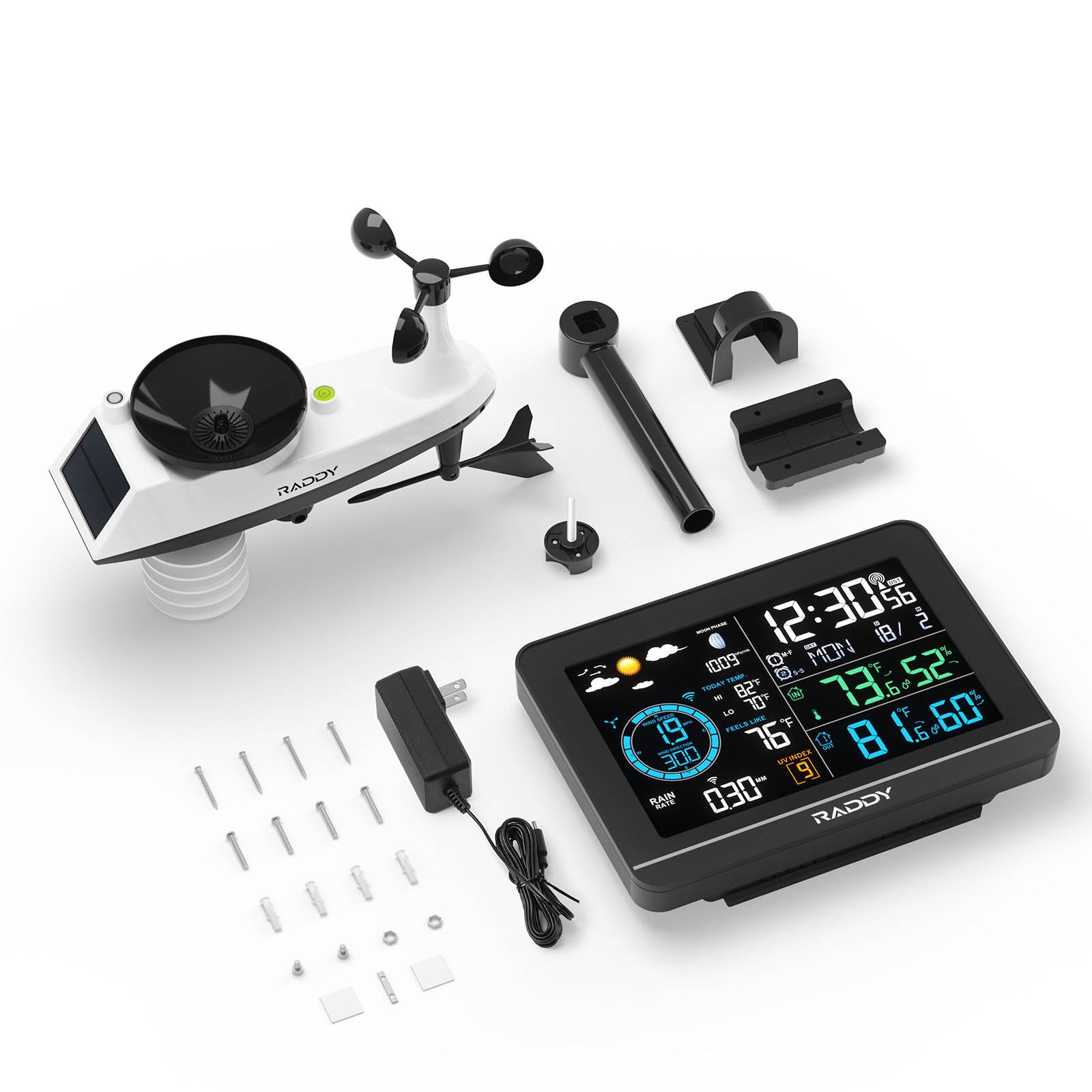 Raddy UV6 Professional Weather Station with components on a white background