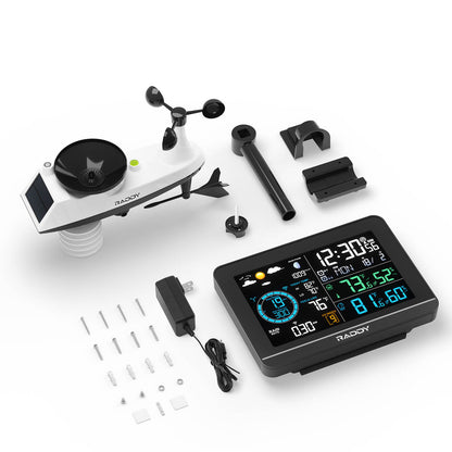 Raddy UV6 Professional Weather Station with components on a white background