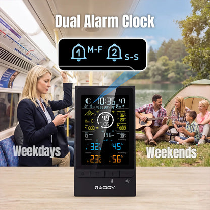 A digital dual alarm clock Raddy UV7 with a large color display is shown in the center, with lifestyle scenes of a woman on a train labeled 'Weekdays' and a family camping labeled 'Weekends' in the background. Text at the top reads 'Dual Alarm Clock' with icons for M-F and S-S alarms.