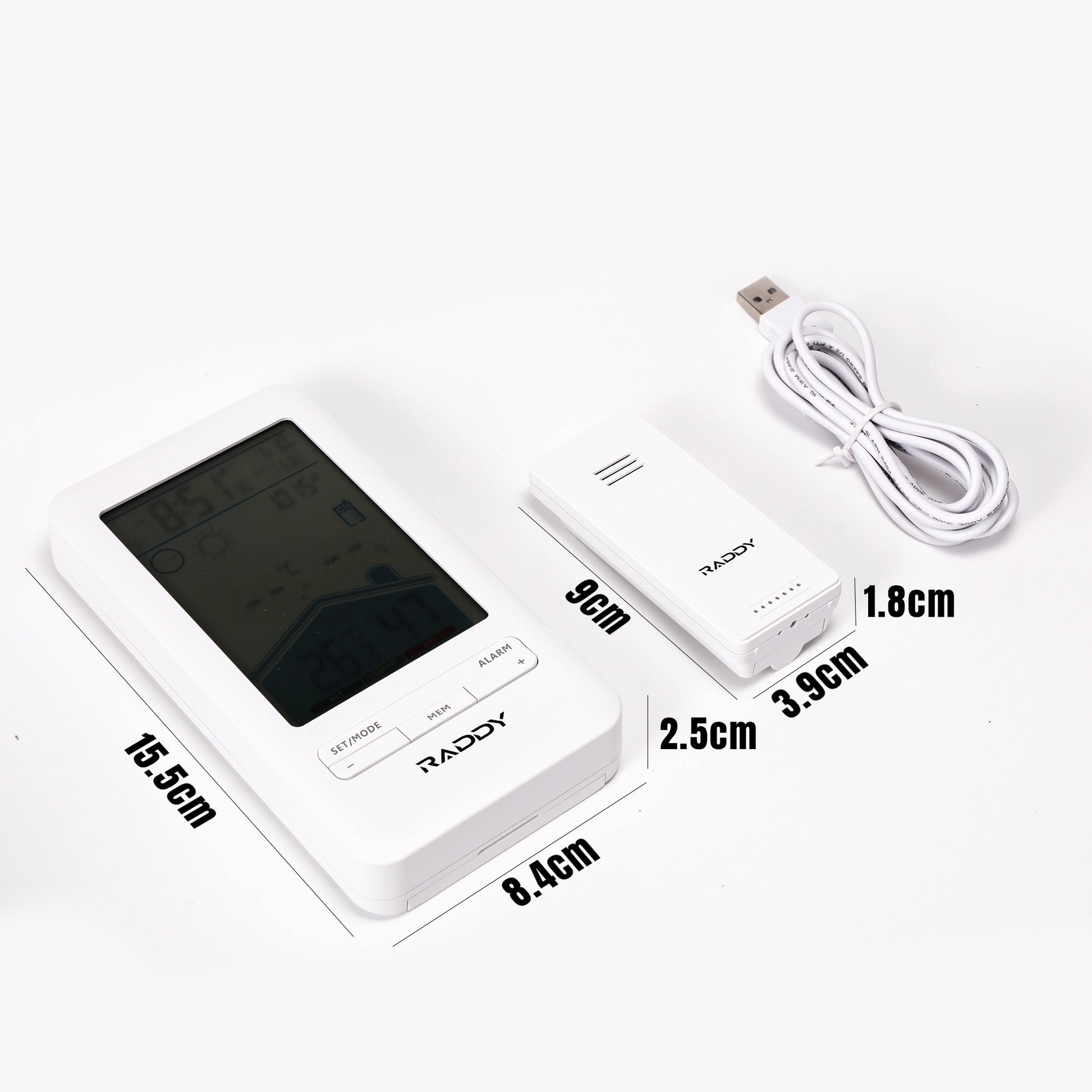 White electronic device with USB cable and measurements on a white background
