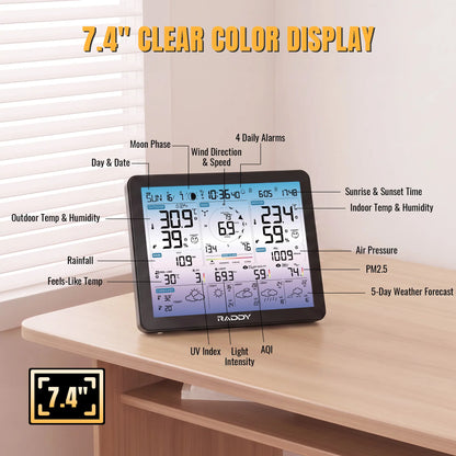 Raddy VP7 APP Weather Station | 7-in-1 Outdoor Sensor | Tuya App Control & 5-Day Forecast | Rain Gauge & Wind Speed | Barometer & UV Index | 330ft Range