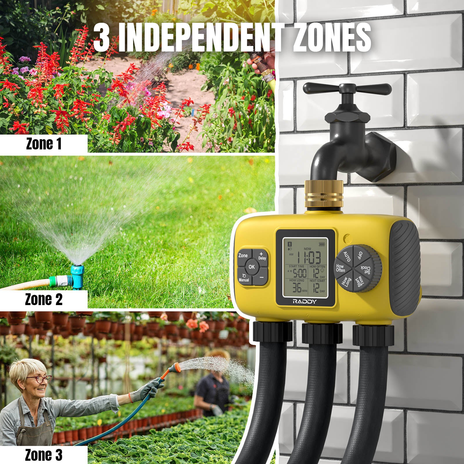 Raddy WS-8 Sprinkler Timer 3 indepdent zones