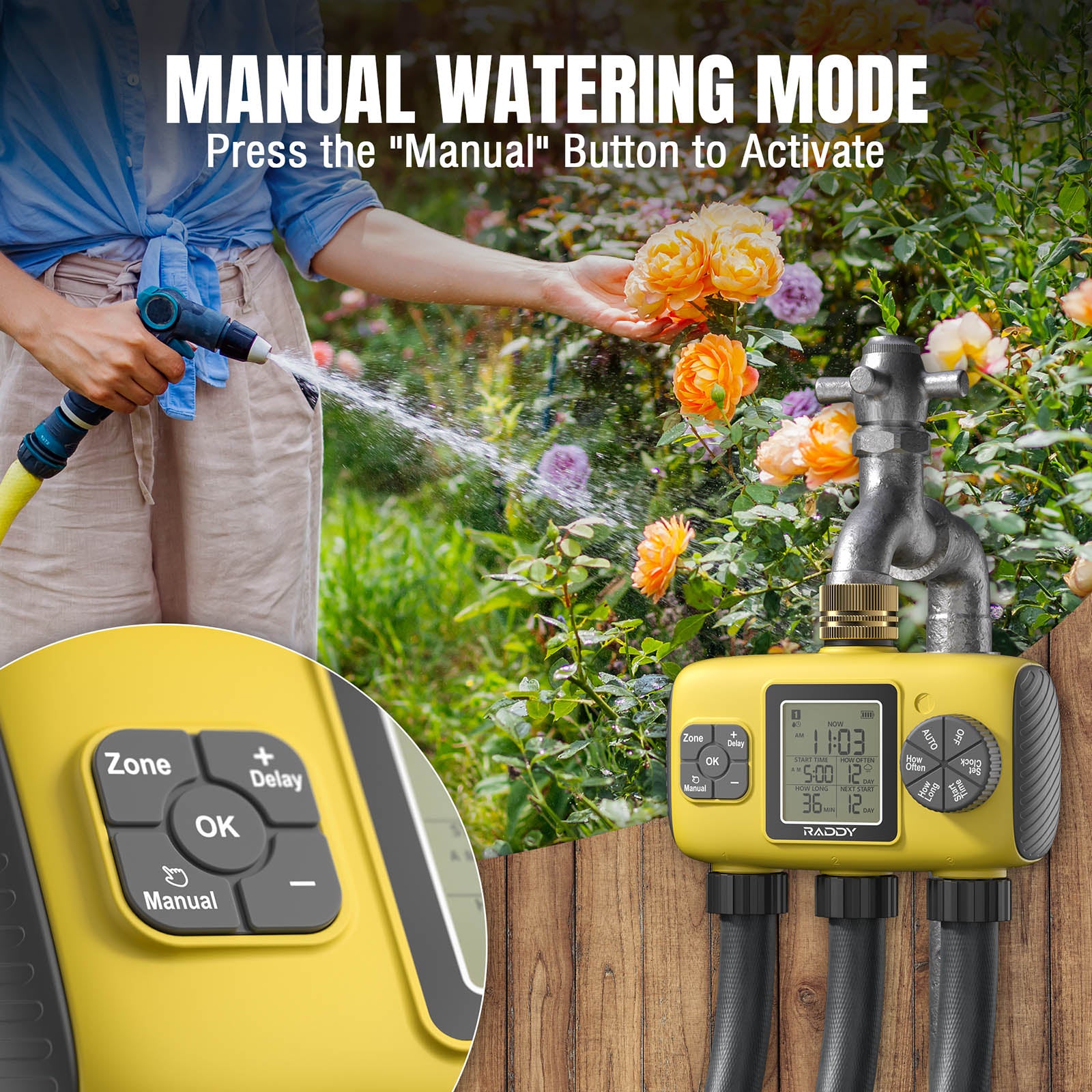 Raddy WS-8 Sprinkler Timer manual watering mode