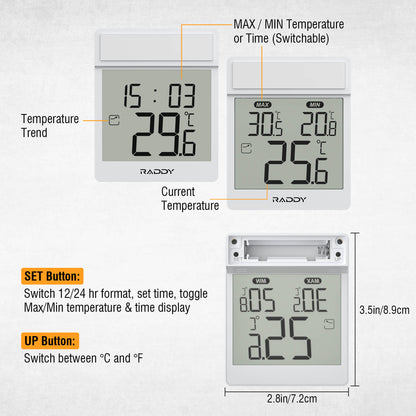 Raddy WT-1 Digital Window Thermometer with labeled features on a white background