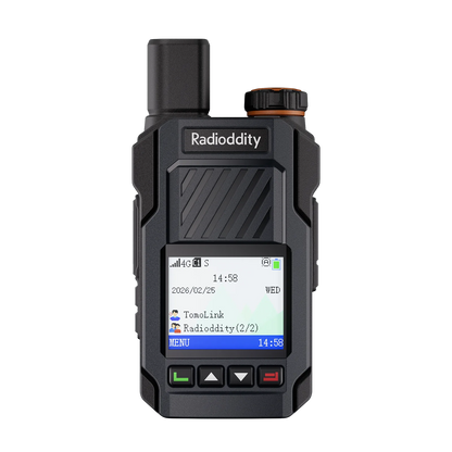 Black Radioddity walkie-talkie with digital display on a white background