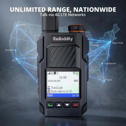 Radioddity communication device with 4G LTE network display against a map background