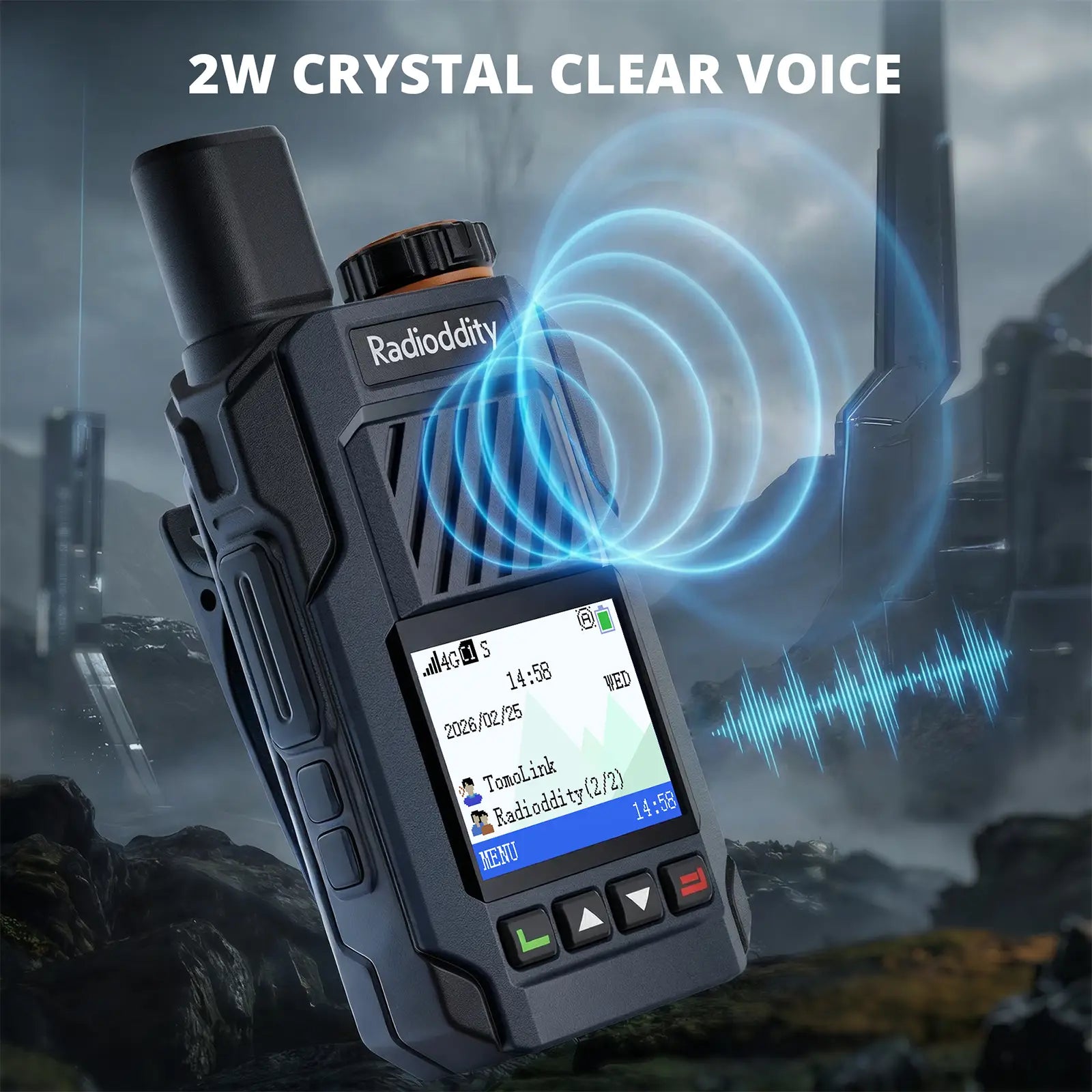 Radioddity walkie-talkie with crystal clear voice feature on a futuristic background