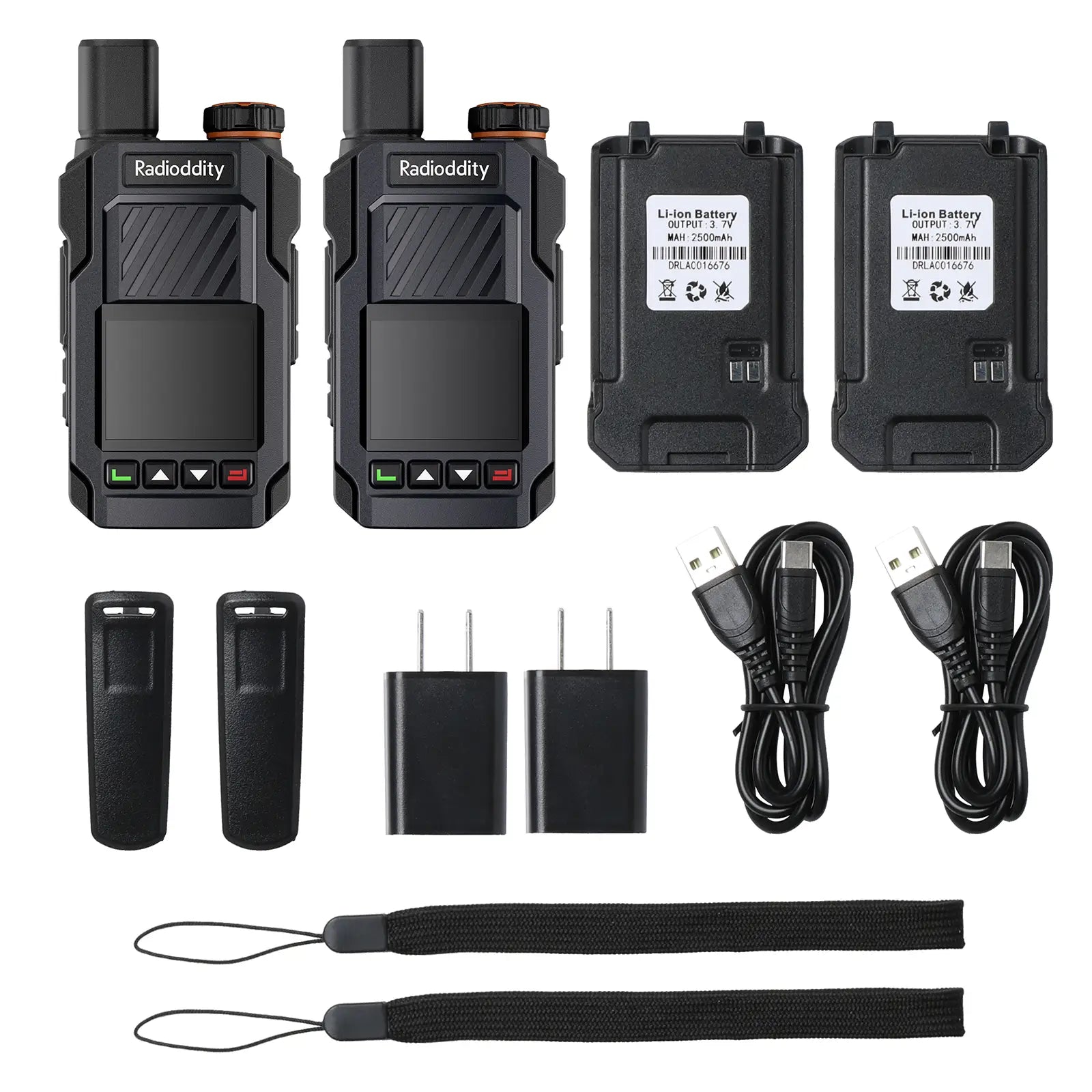 Radioddity walkie-talkies with accessories on a white background