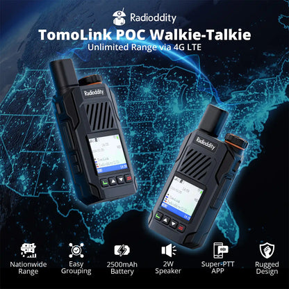 Radioddity TomoLink POC Walkie-Talkie with features on a digital map background