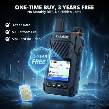 Radioddity device with a sim card on a futuristic cityscape background, highlighting features like 3-year data, no platform fee, and included SIM card.