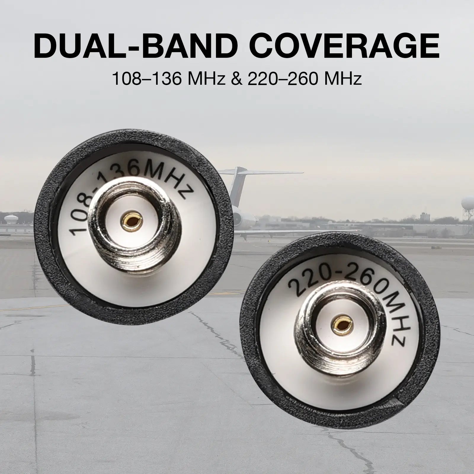 Two radio frequency connectors with dual-band coverage labels on a blurred background