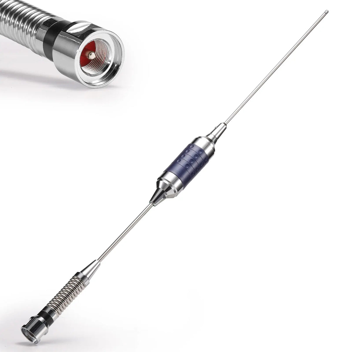 A long metal Radioddity CB-101 antenna with a dark blue center section, shown on a white background with a close-up inset of one end connector.